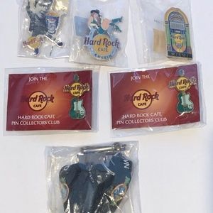 Hard Rock Cafe Limited Edition Collectors Pins & Strap, Elvis/Jukebox/Cowgirl